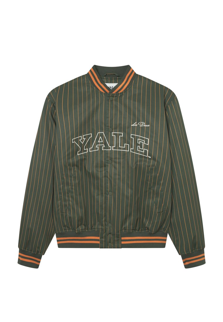 Grüne Satin-Bomberjacke mit vertikalen orangefarbenen Streifen, gesticktem "YALE"-Logo, elastischen Bündchen und Saum.