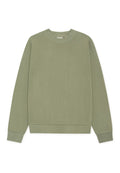 Olivgrünes Sweatshirt aus weichem Stoff, mit rundem Ausschnitt, langen Ärmeln sowie gerippten Bündchen an Ärmeln und Saum. Glatte Textur, schlichtes Design.