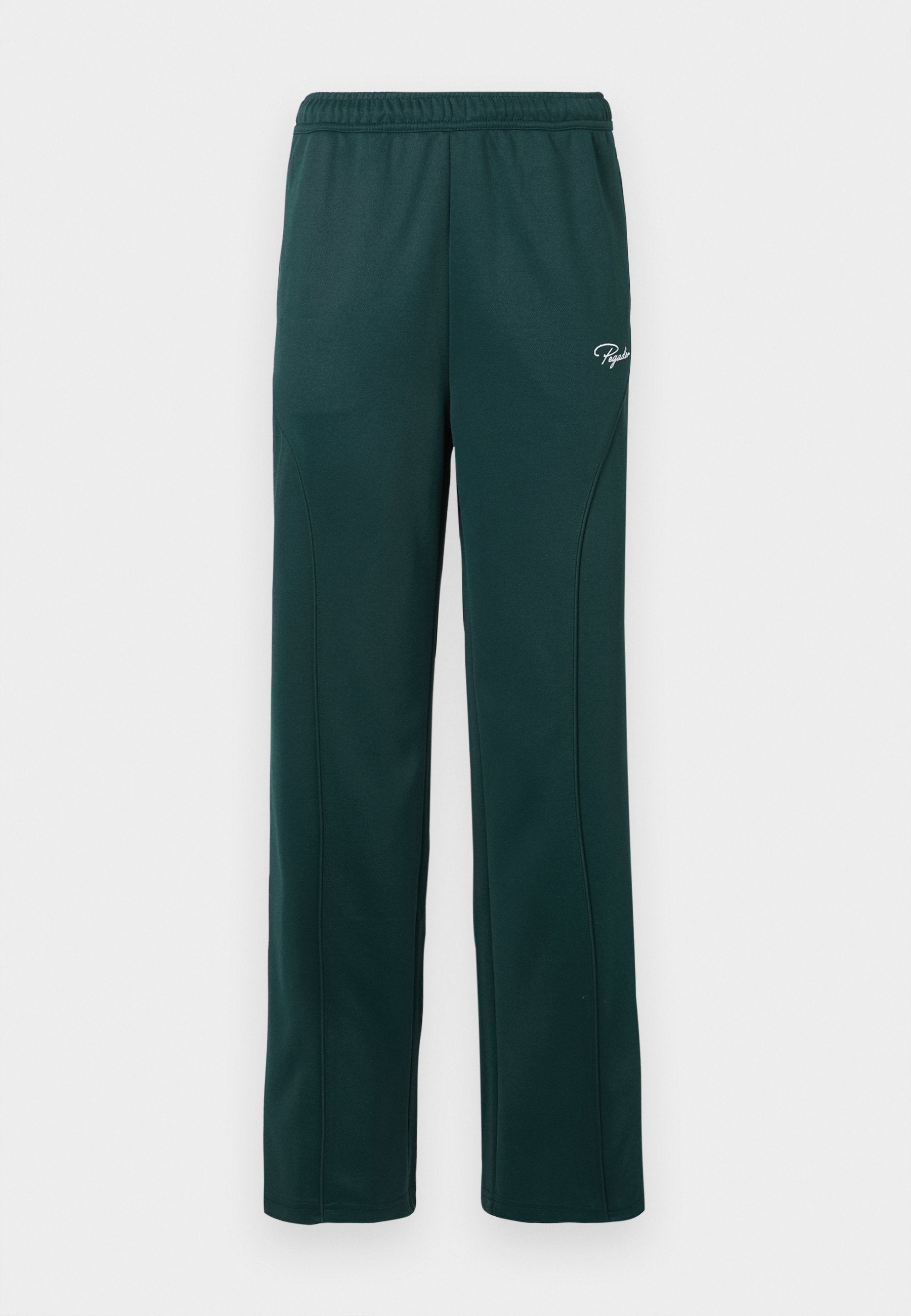 Dunkelgrüne Sweatpants aus weichem Stoff, mit einem elastischen Bund und Seitennähten, versehen mit einem kleinen Logo auf der Vorderseite.