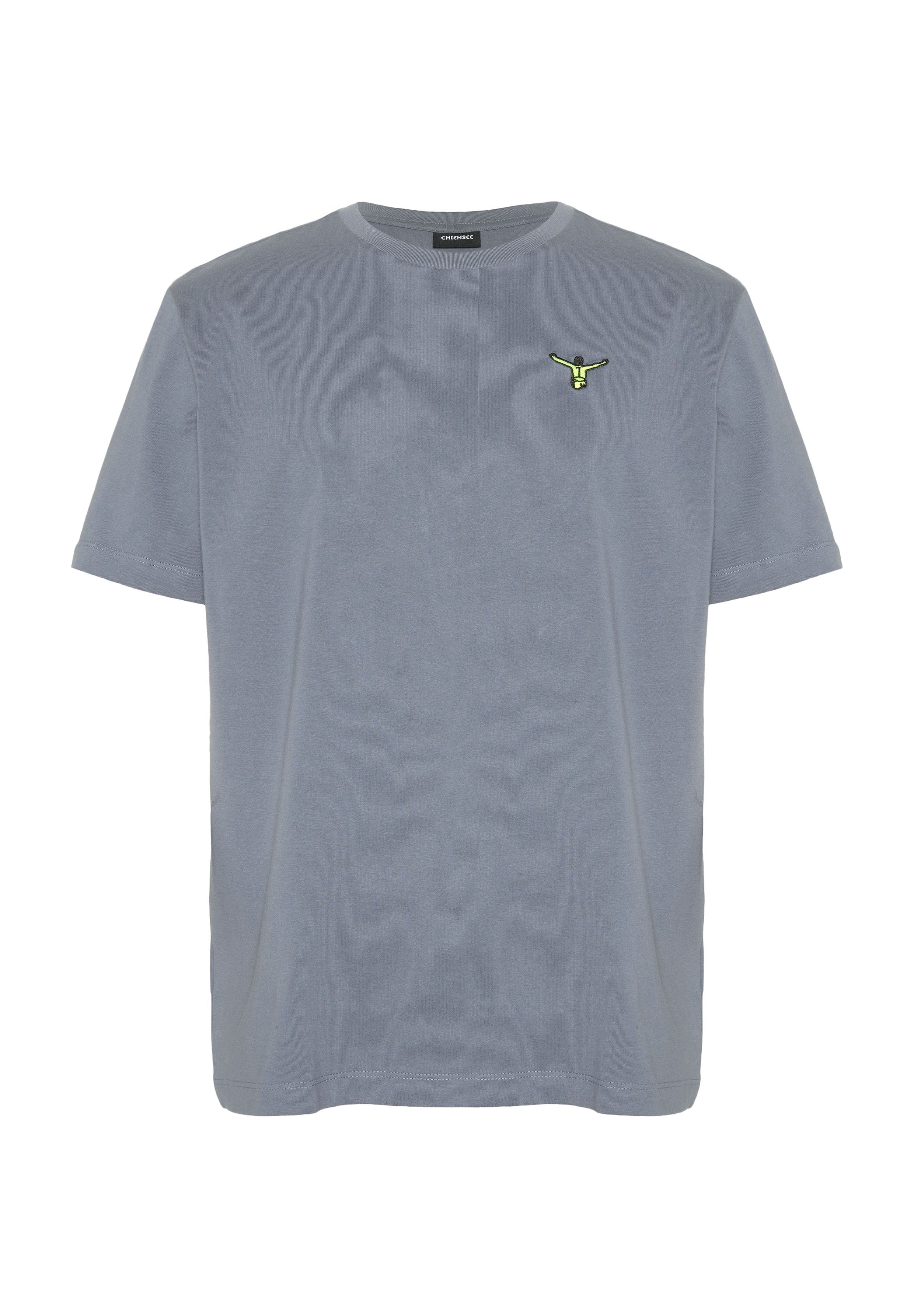 Schlichtes graues T-Shirt mit kurzen Ärmeln und einem kleinen bestickten Motiv einer gelb-schwarzen Figur auf der linken Brust.