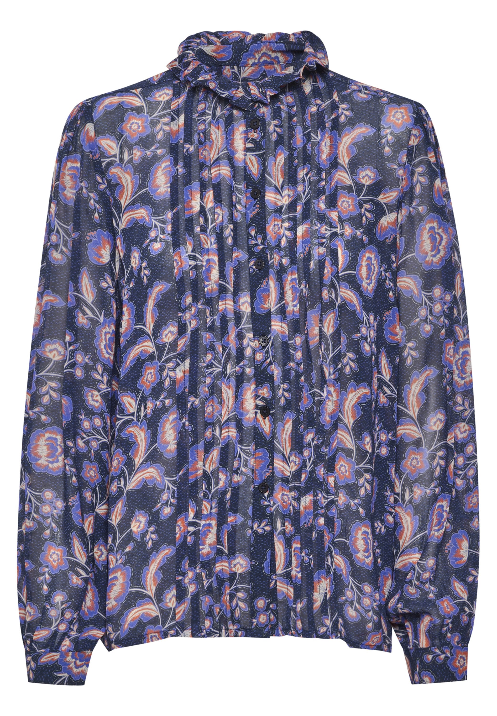 Marineblaue Blumenbluse aus leichtem Stoff mit gerafftem Kragen, plissiertem Vorderteil und Knopfverschluss. Mit leuchtend orangenen und pinken Mustern.