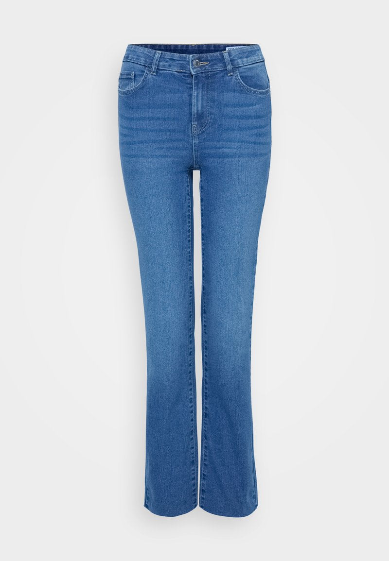 Ausgestellte blaue Jeans aus Denim mit mittelhohem Bund, Fünf-Taschen-Design und subtilen Verblassungen an der Vorderseite, ausgestattet mit Gürtelschlaufen und Reißverschluss.