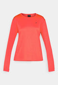 Langärmliges Sportshirt in strahlendem Koralle, mit strukturiertem Stoff, Rundhalsausschnitt, kleinem schwarzen Logo auf der Brust und taillierter Silhouette.