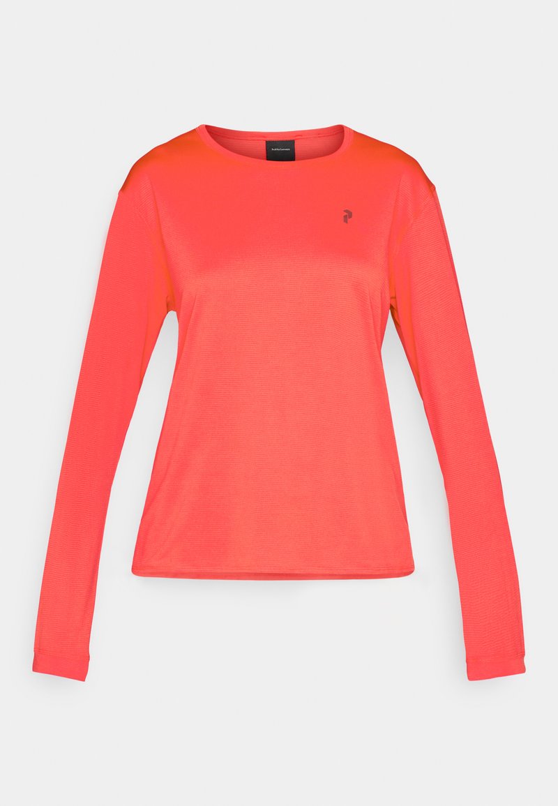 Langärmliges Sportshirt in strahlendem Koralle, mit strukturiertem Stoff, Rundhalsausschnitt, kleinem schwarzen Logo auf der Brust und taillierter Silhouette.