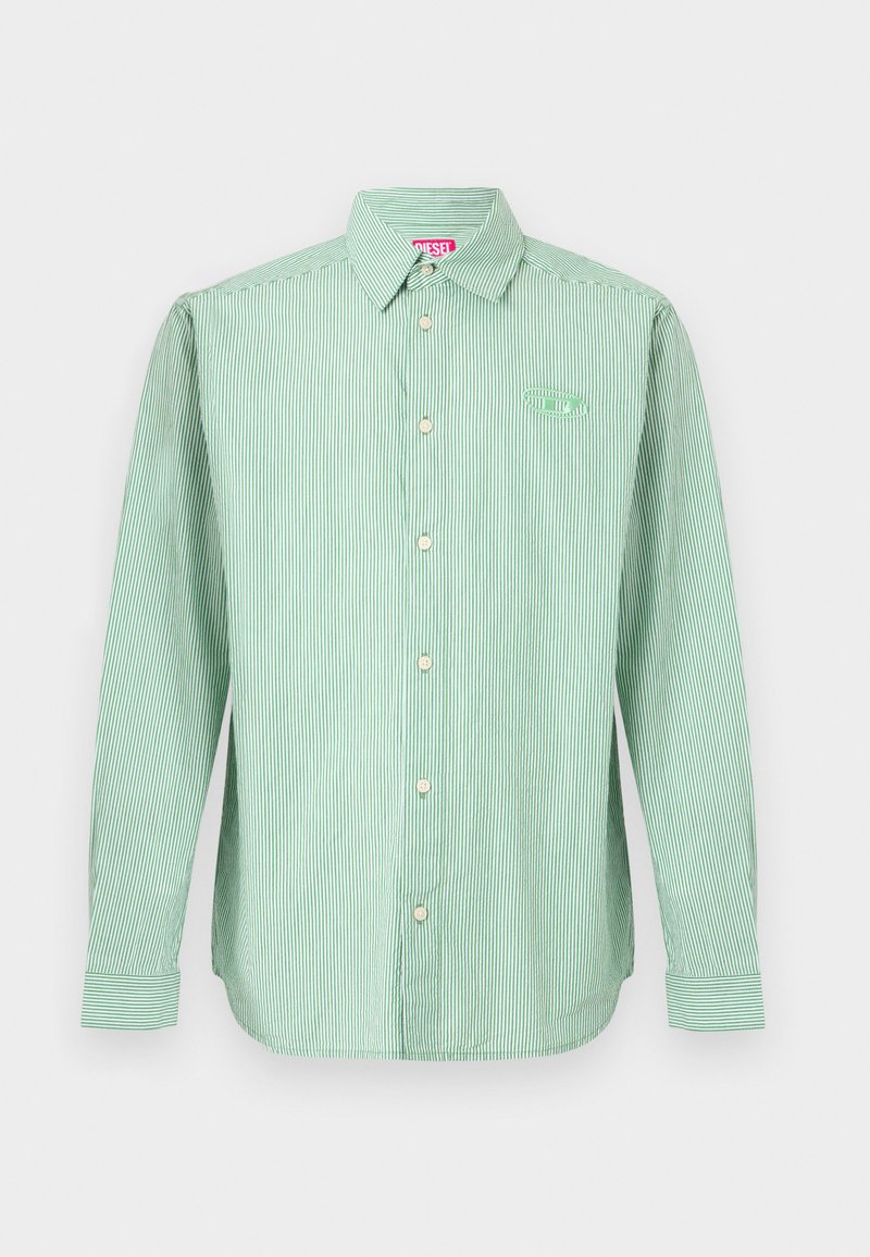 Grün gestreiftes Langarmhemd aus leichtem Stoff, mit Button-Down-Kragen, weißen Knöpfen und kleinem gesticktem Logo auf der Brust.