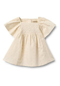 Hellbeiges Baumwollkleid mit kurzen Puffärmeln, geschnürtem Oberteil und floraler geprägter Textur. Ausgestellter Rock und Rückenknopfverschluss.