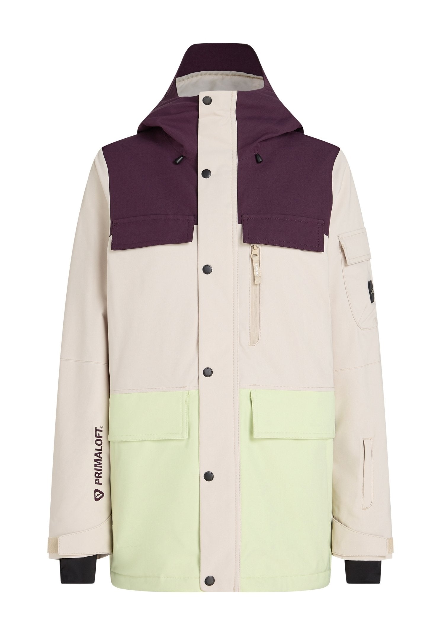 Leichte Jacke mit einem lila oberen Bereich, einem cremefarbenen Körper und einem grünen unteren Bereich. Verfügt über mehrere Taschen und einen Frontreißverschluss. Primaloft-Logo sichtbar.