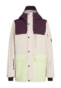 Leichte Jacke mit einem lila oberen Bereich, einem cremefarbenen Körper und einem grünen unteren Bereich. Verfügt über mehrere Taschen und einen Frontreißverschluss. Primaloft-Logo sichtbar.