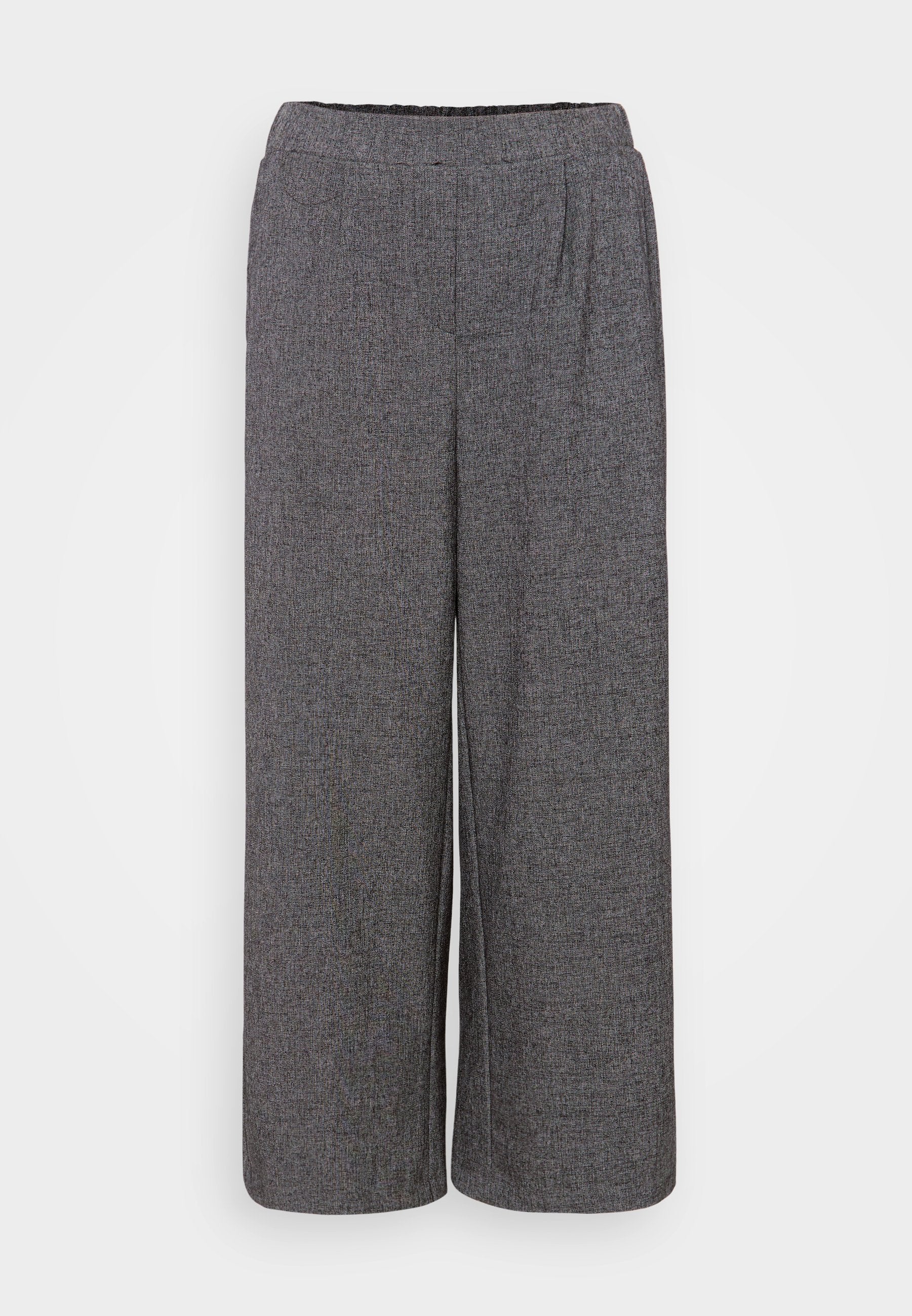 Weite Hosen aus einem strukturierten, dunkelgrauen Stoff. Mit elastischem Bund und mittleren Falten für eine bequeme Passform. Keine Taschen sichtbar.