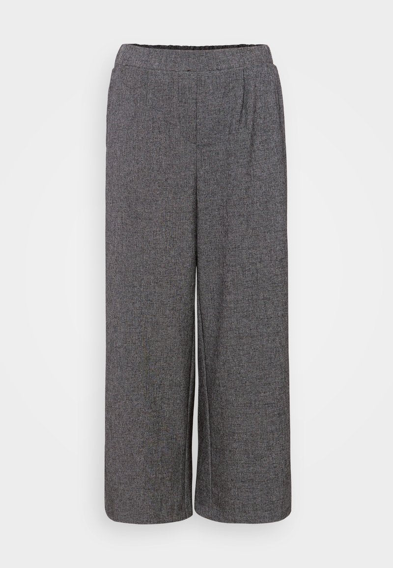 Weite Hosen aus einem strukturierten, dunkelgrauen Stoff. Mit elastischem Bund und mittleren Falten für eine bequeme Passform. Keine Taschen sichtbar.