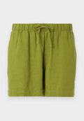 Grüne Leinenshorts mit elastischem Bund und verstellbarem Kordelzug, die eine lockere Passform und einen geraden Saum bieten.