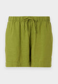 Grüne Leinenshorts mit elastischem Bund und verstellbarem Kordelzug, die eine lockere Passform und einen geraden Saum bieten.