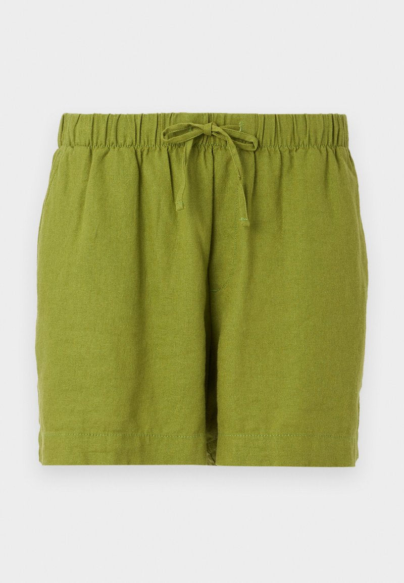 Grüne Leinenshorts mit elastischem Bund und verstellbarem Kordelzug, die eine lockere Passform und einen geraden Saum bieten.