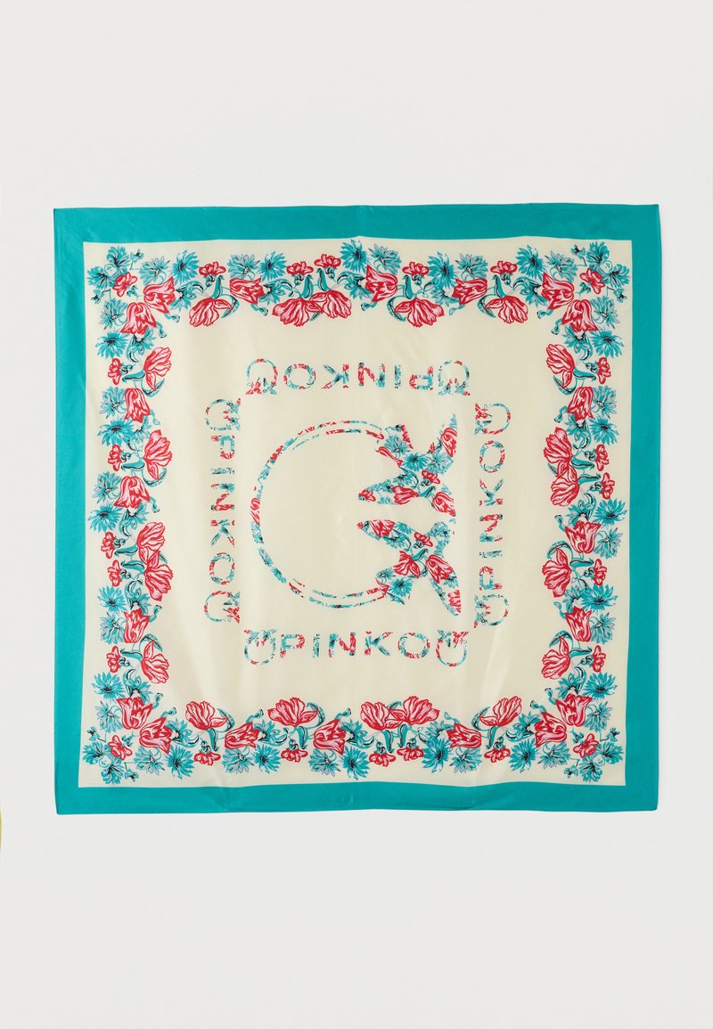 Quadratischer cremefarbener Schal mit türkisfarbenem Rand, rot-blauem Blumenmuster an den Rändern und zentralen stilisierten Buchstaben, die ein kreisförmiges Design bilden.