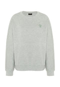 Grauer Pullover aus weichem Stoff mit Rundhalsausschnitt, langen Ärmeln, gerippten Bündchen und kleinem grünem Logo auf der Brust.