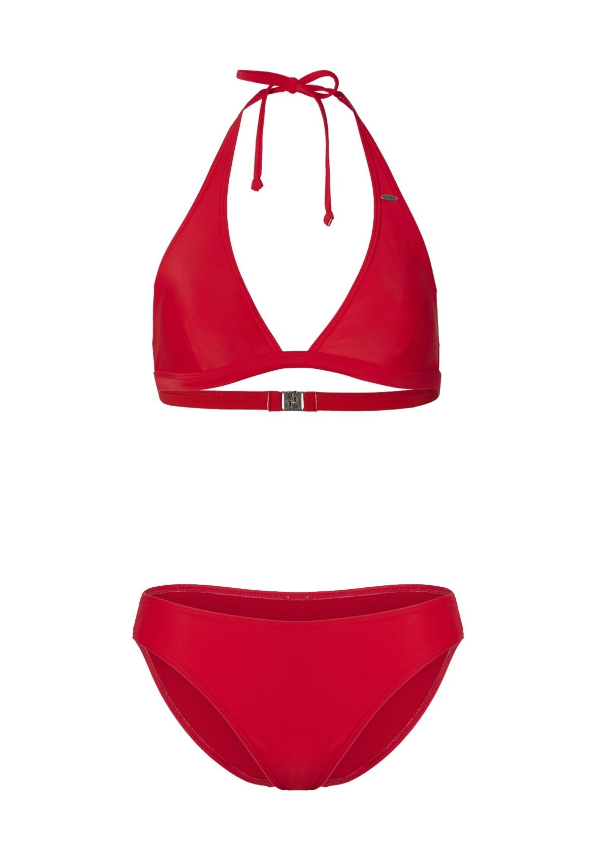 Rotes Bikini-Set mit einem Halterneck-Oberteil im dreieckigen Design und seitlichem Verschluss, kombiniert mit passenden niedrig geschnittenen Bottoms. Glatte Textur.