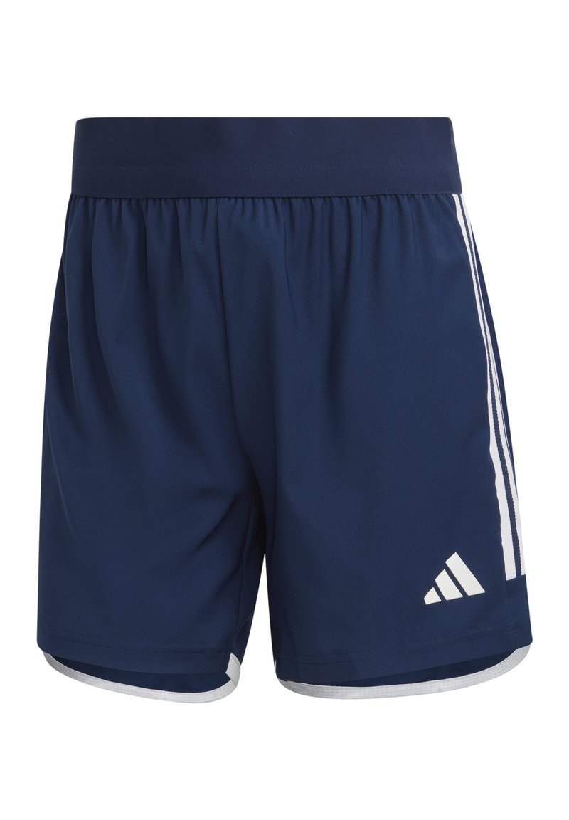 Marineblaue Sportshorts mit elastischem Bund, ausgestattet mit weißen seitlichen Streifen und einem weißen Logopunkt. Hergestellt aus leichtem, atmungsaktivem Material.