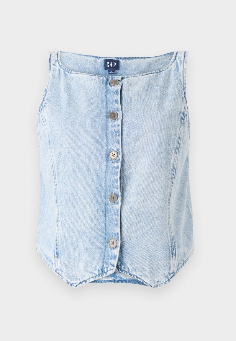 Himmelblaues Denim-Weltoberteil ohne Ärmel mit einem rundem Ausschnitt, fünf vorderen Knöpfen und einem geschwungenen Saum für eine lockere Passform.