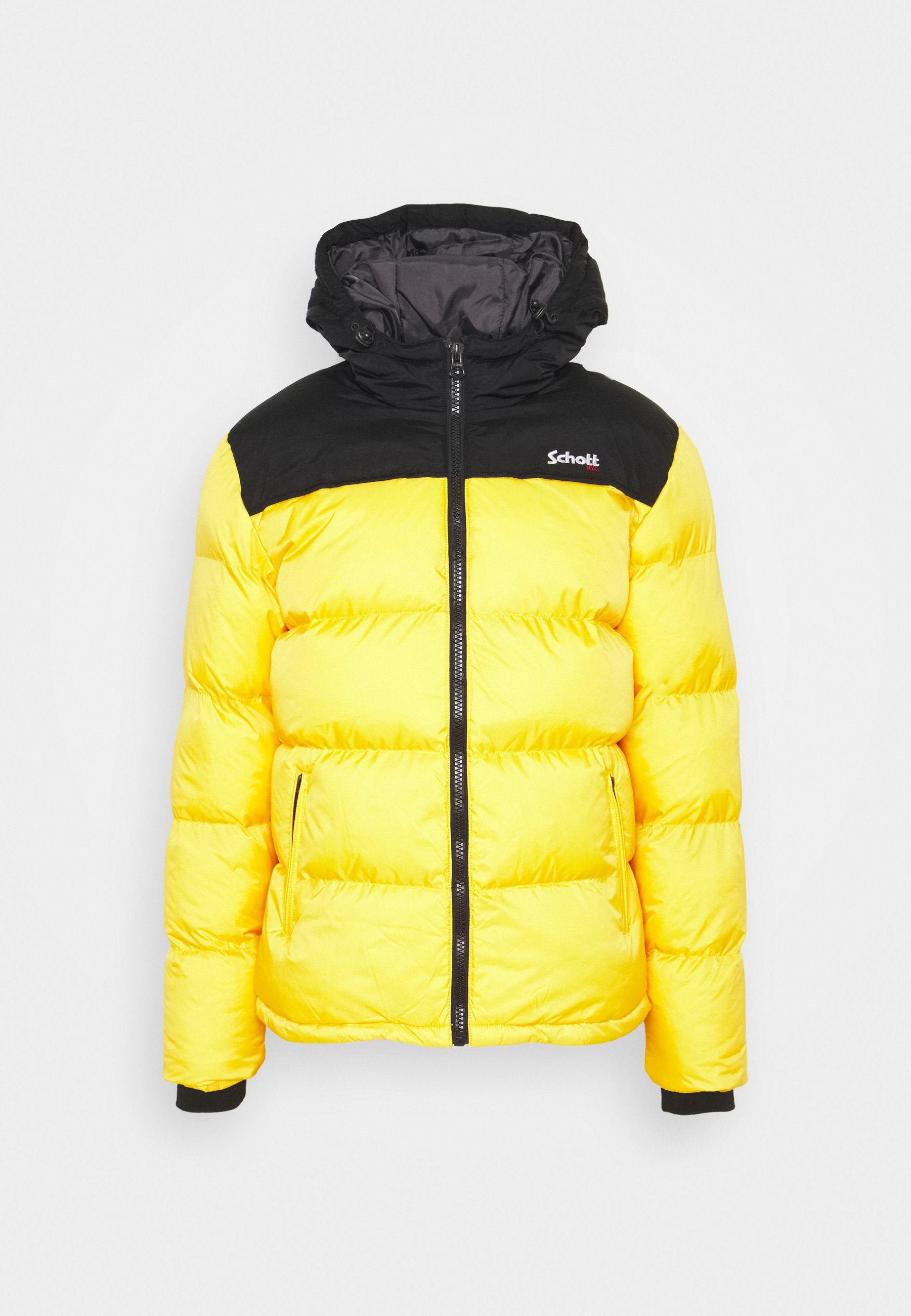 Gelbe Fleecejacke mit schwarzem Oberteil, ausgestattet mit Kapuze, Reißverschluss und zwei seitlichen Taschen. Glattes Material mit gestepptem Muster.
