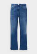 Blaue Denim-Jeans mit geradem Bein, ausgestattet mit einem klassischen Fünf-Taschen-Design, Metallknopfverschluss und subtilen Ausbleichungen.