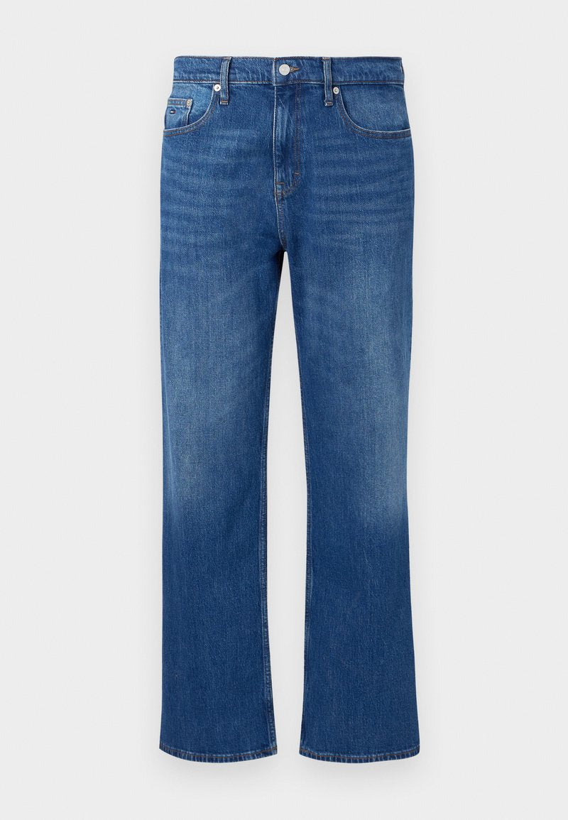 Blaue Denim-Jeans mit geradem Bein, ausgestattet mit einem klassischen Fünf-Taschen-Design, Metallknopfverschluss und subtilen Ausbleichungen.