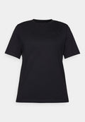 Schwarzes T-Shirt mit kurzen Ärmeln aus glattem Baumwollstoff, mit einem Rundhalsausschnitt und dezentem erhabenem Logo auf der linken Seite.