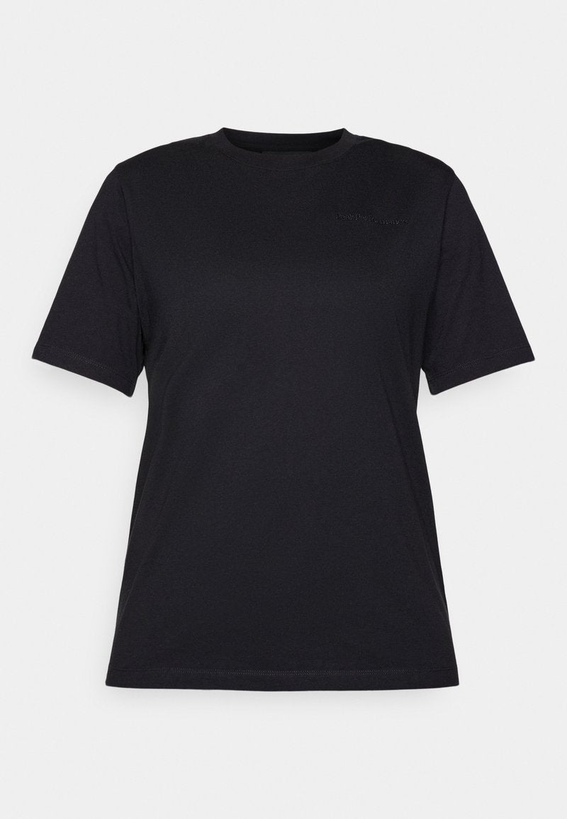 Schwarzes T-Shirt mit kurzen Ärmeln aus glattem Baumwollstoff, mit einem Rundhalsausschnitt und dezentem erhabenem Logo auf der linken Seite.