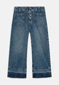 Blaue Denim-Weite-Leg-Hosen mit hoher Taille, fünfknöpfigem Frontverschluss und zwei aufgesetzten Taschen mit fransigem Saum.}}