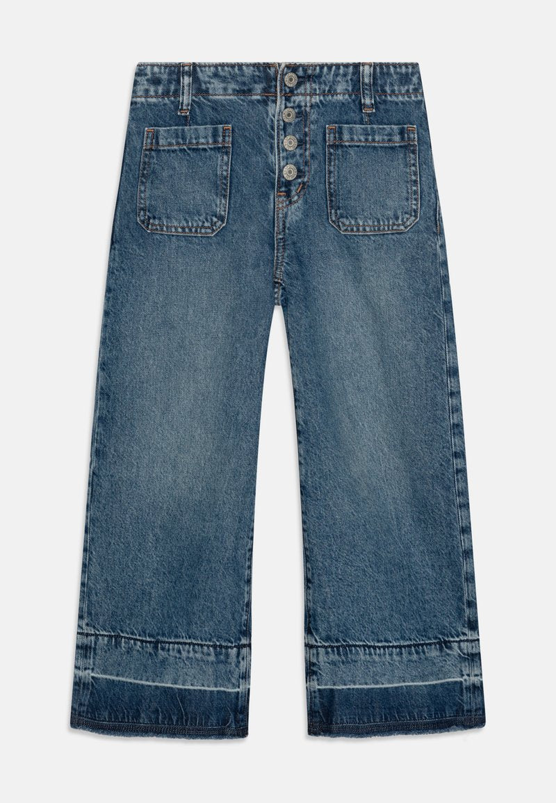 Blaue Denim-Weite-Leg-Hosen mit hoher Taille, fünfknöpfigem Frontverschluss und zwei aufgesetzten Taschen mit fransigem Saum.}}