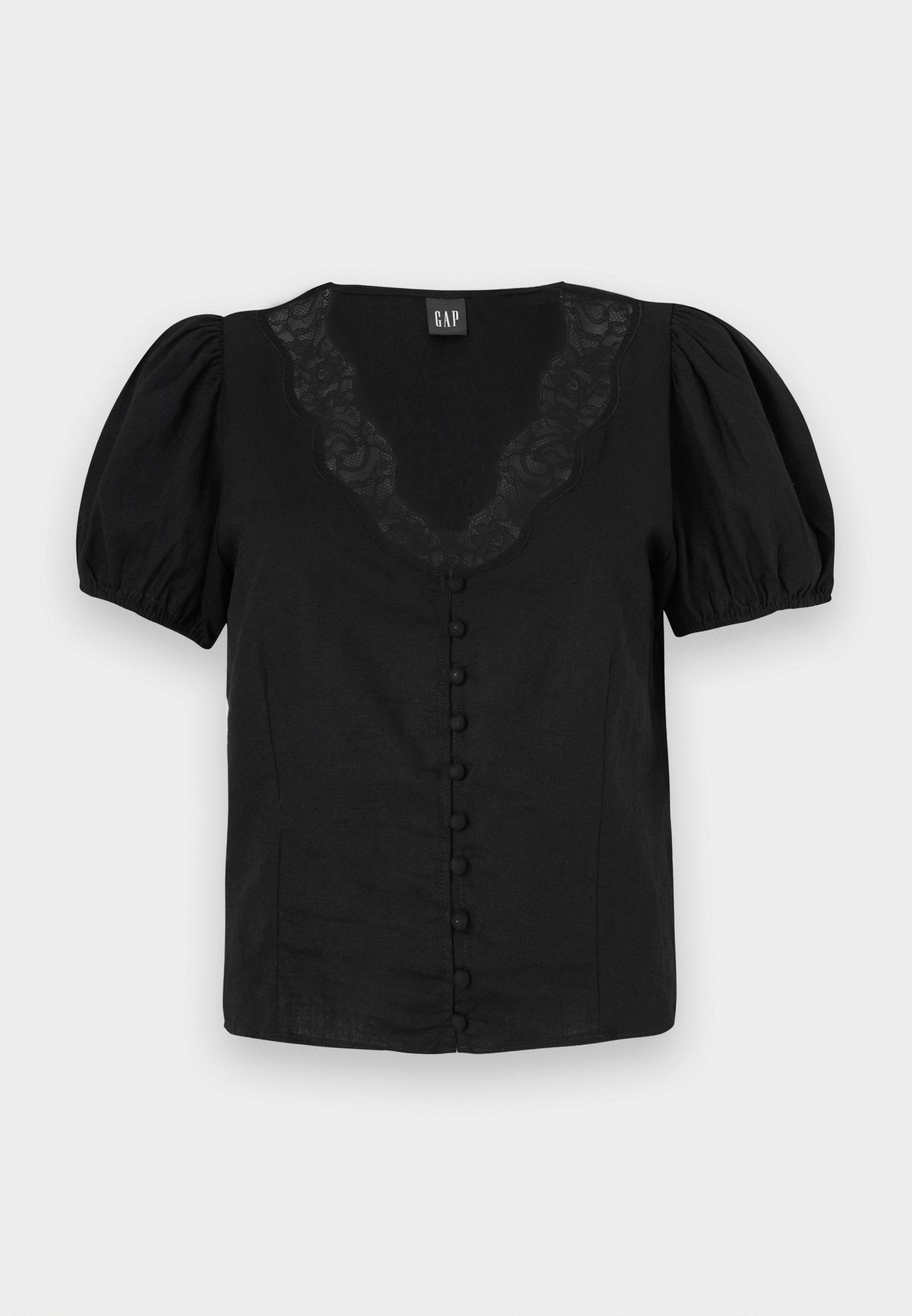 Schwarze Bluse mit Puffärmeln, V-Ausschnitt mit Spitzendetails und gefütterten Knöpfen auf der Vorderseite. Aus leichtem, glattem Stoff gefertigt.