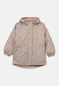Gepolsterte Blütenjacke mit einem hellrosa und cremfarbenen Muster, Kapuze, elastischen Bündchen und abgerundetem Saum. Strukturierter Stoff mit einem weichen Futter.