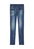 Slim-Fit blaue Denim-Jeans mit elastischem Bund, Kordelzug, vorderen und hinteren Taschen sowie ausgewaschenen Details an den Beinen und Oberschenkeln.