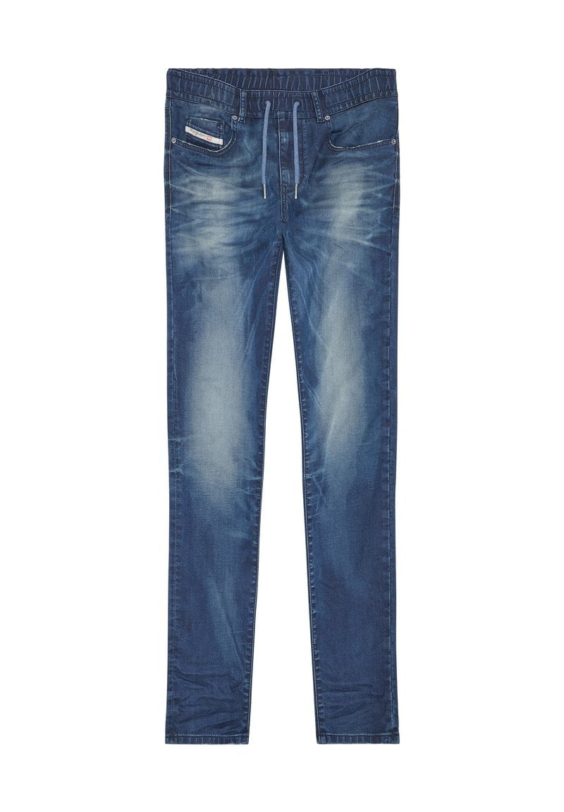 Slim-Fit blaue Denim-Jeans mit elastischem Bund, Kordelzug, vorderen und hinteren Taschen sowie ausgewaschenen Details an den Beinen und Oberschenkeln.