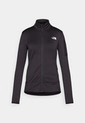 Schwarze, langärmlige Zip-Jacke aus weichem, dehnbarem Stoff. Verfügt über einen hohen Kragen, zwei vordere Taschen und ein Logo auf der Brust.