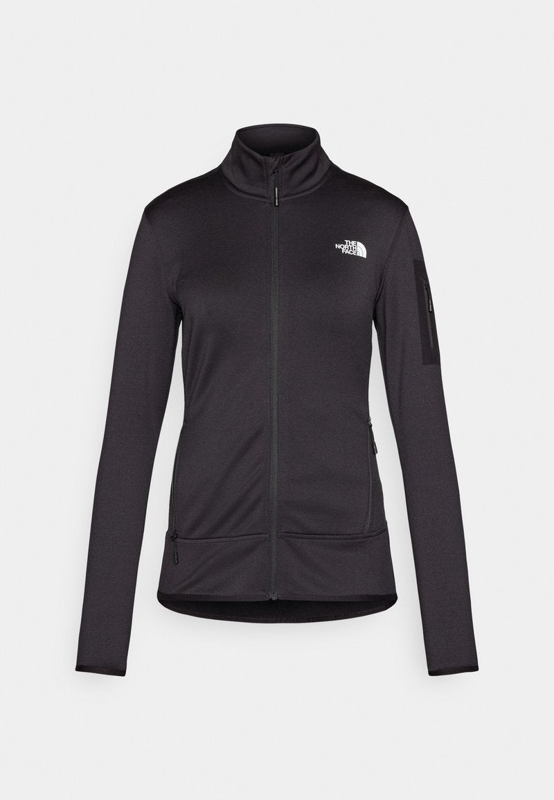 Schwarze, langärmlige Zip-Jacke aus weichem, dehnbarem Stoff. Verfügt über einen hohen Kragen, zwei vordere Taschen und ein Logo auf der Brust.