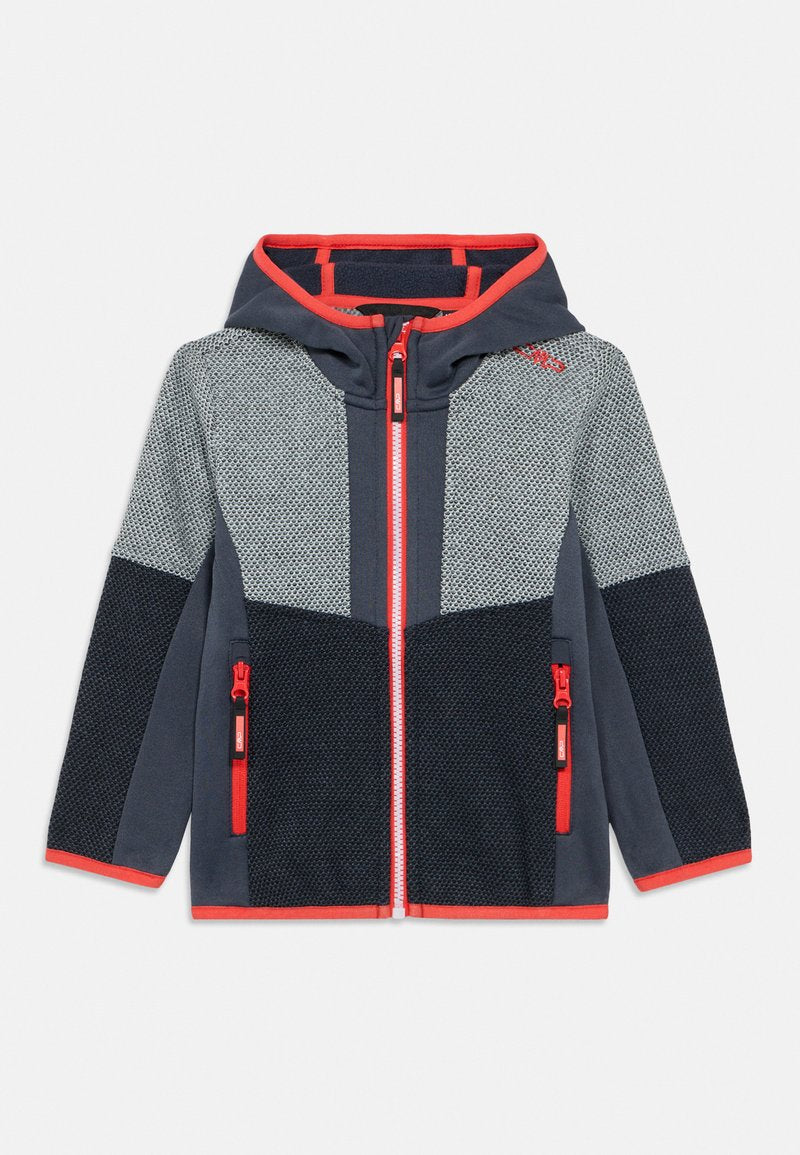 Kapuzensweatjacke aus einer Mischung aus marineblauem und grauem Mesh-Stoff; mit roten Akzenten, durchgehendem Reißverschluss und zwei vorderen Reißverschlusstaschen.