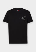 Schwarzes Baumwoll-T-Shirt mit Rundhalsausschnitt. Mit einem weißen gestickten Logo auf der linken Brustseite und kurzen Ärmeln.