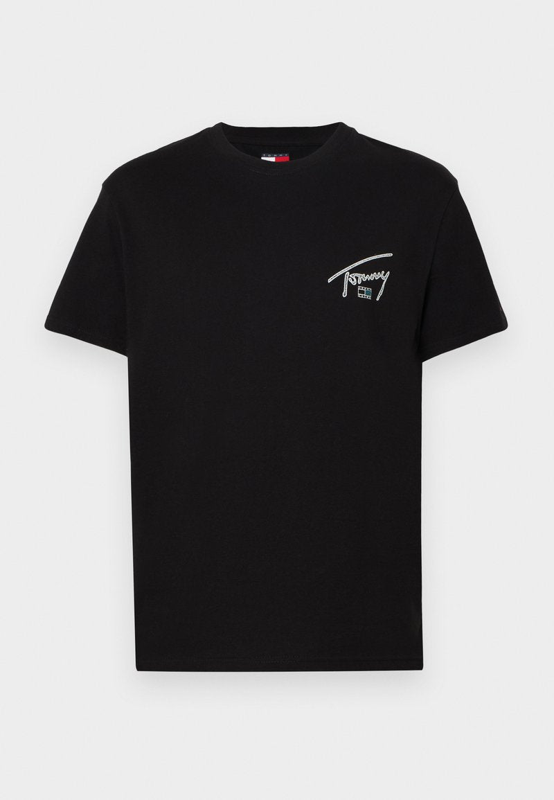 Schwarzes Baumwoll-T-Shirt mit Rundhalsausschnitt. Mit einem weißen gestickten Logo auf der linken Brustseite und kurzen Ärmeln.