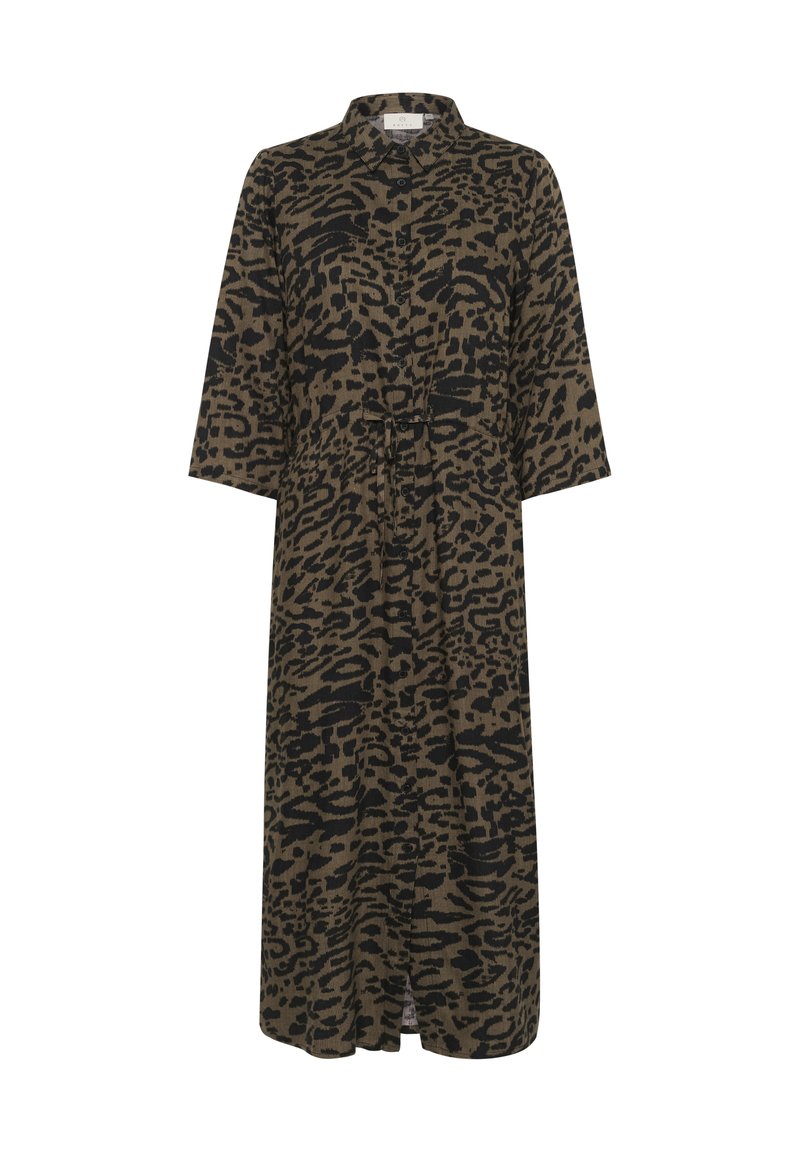 Leopardenmuster langes Kleid in erdigen Tönen mit Knopfleiste, Kragen, dreiviertel Ärmeln und tailliertem Bund. Glatte Stofftextur.