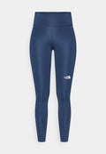 Marineblaue Leggings aus einem glatten, dehnbaren Stoff, mit einem hohen Bund und einem weißen Logo-Akzent am unteren Bein.