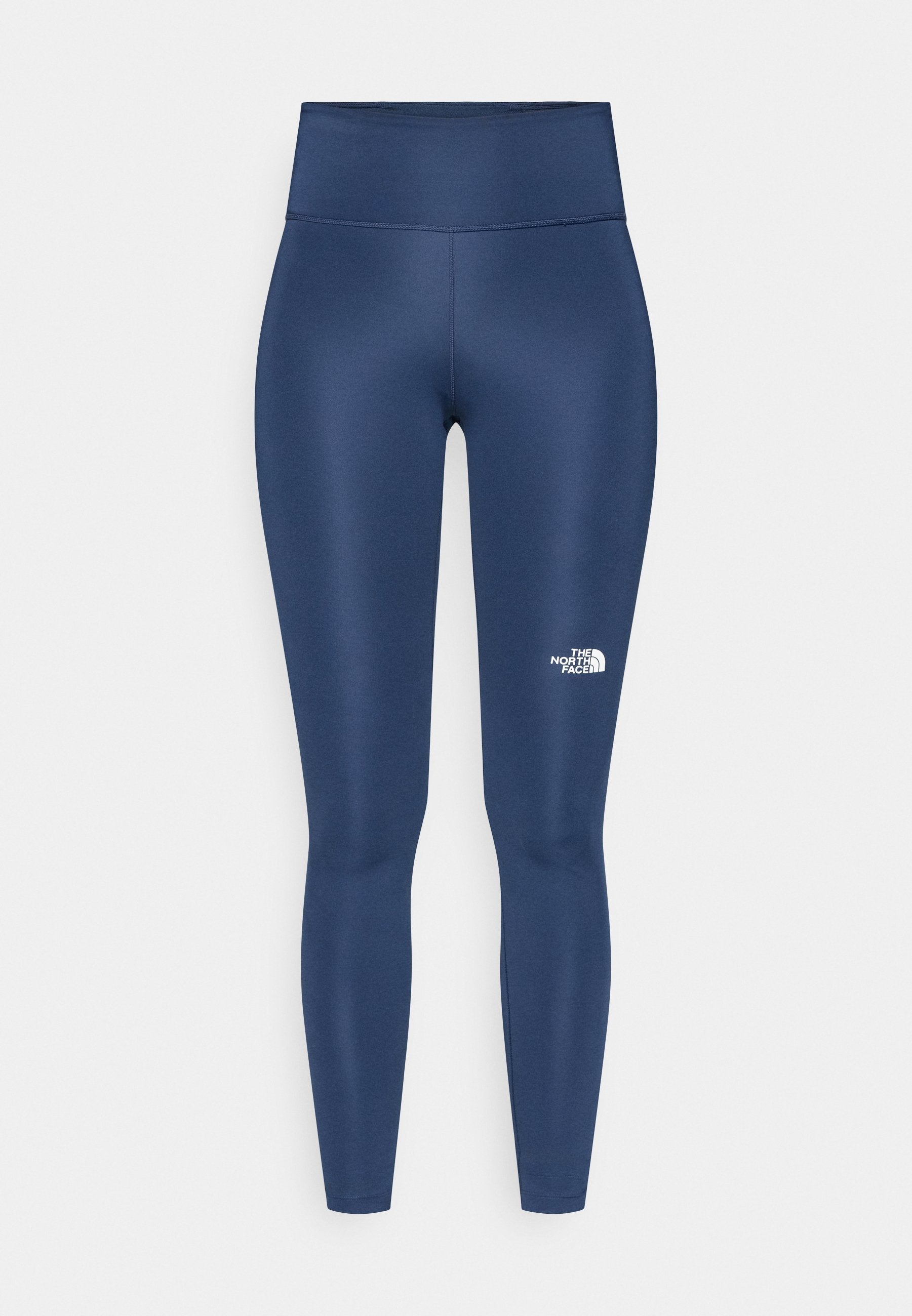 Marineblaue Leggings aus einem glatten, dehnbaren Stoff, mit einem hohen Bund und einem weißen Logo-Akzent am unteren Bein.