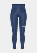 Marineblaue Leggings aus einem glatten, dehnbaren Stoff, mit einem hohen Bund und einem weißen Logo-Akzent am unteren Bein.