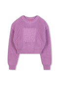 Häkelstil Cropped-Sweater in Helllila, mit strukturiertem Stoff und einem dezenten, eingeprägten "HUGO"-Logo auf der Vorderseite.