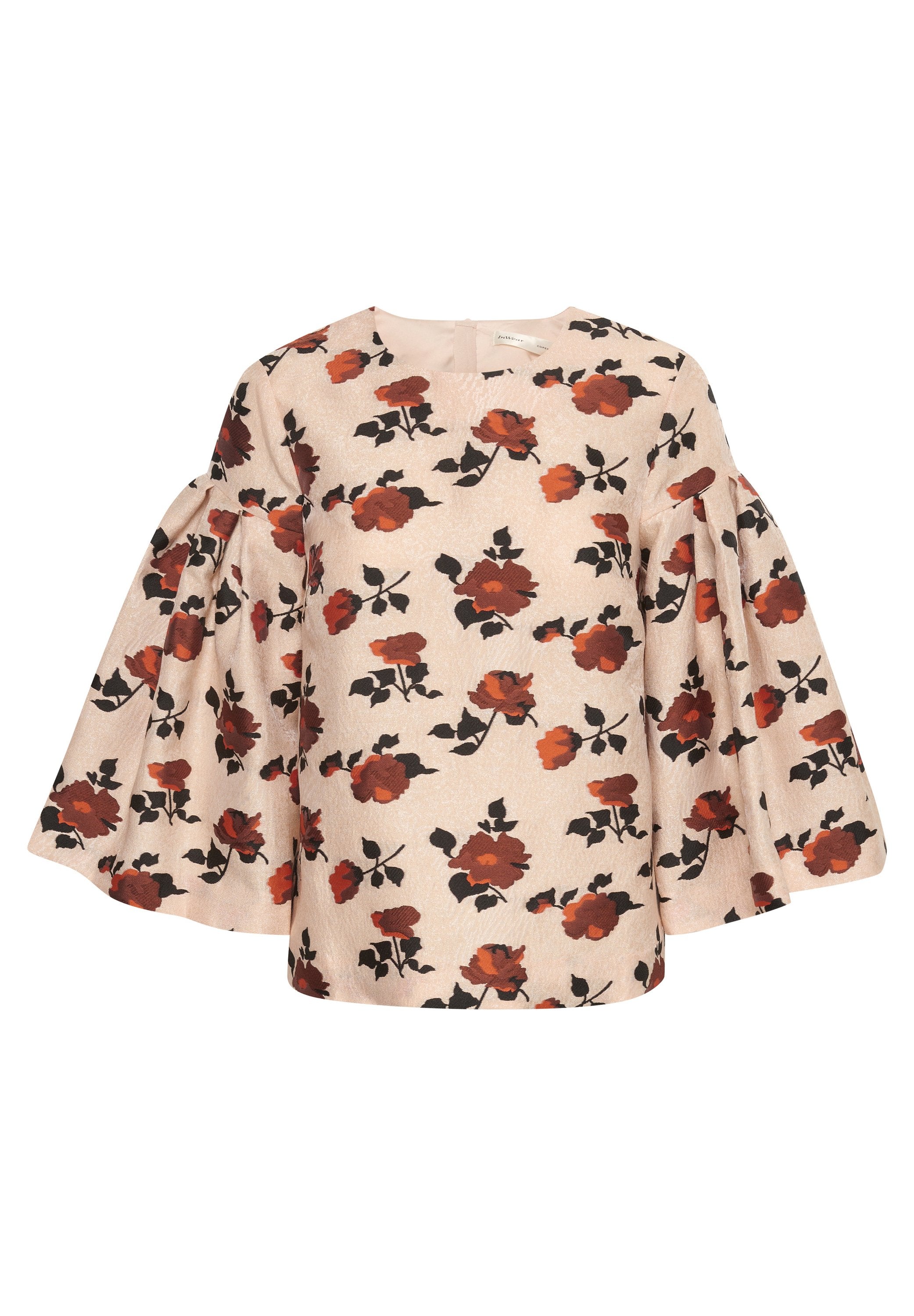 Hellrose Bluse mit weiten Glockenärmeln, verziert mit einem Muster aus roten und schwarzen Blumenprints.