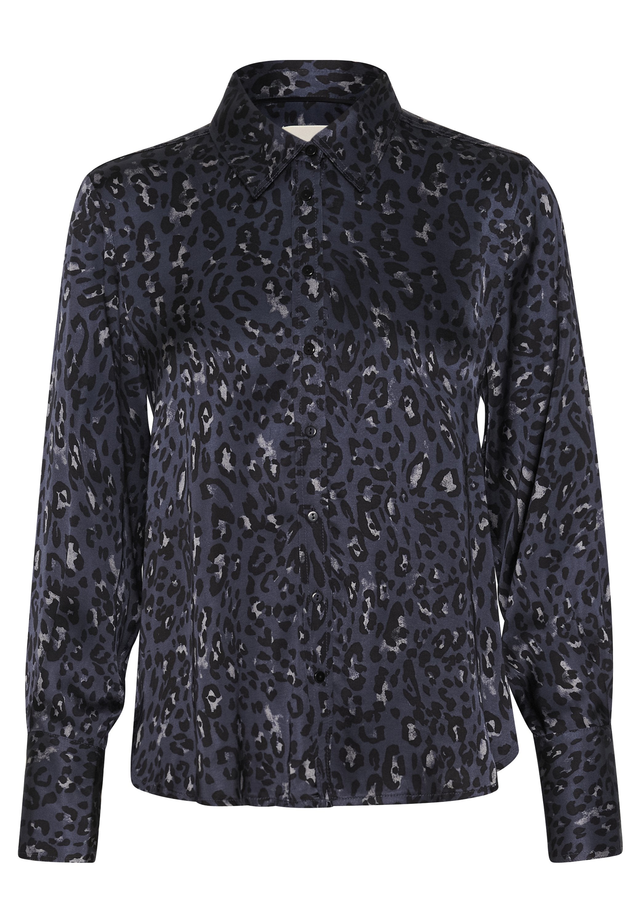 Schwarze und marineblaue Leopardenmuster-Bluse mit langen Ärmeln, knopfiger Vorderseite und klassischem Kragen. Glattes Material mit sanftem Glanz.