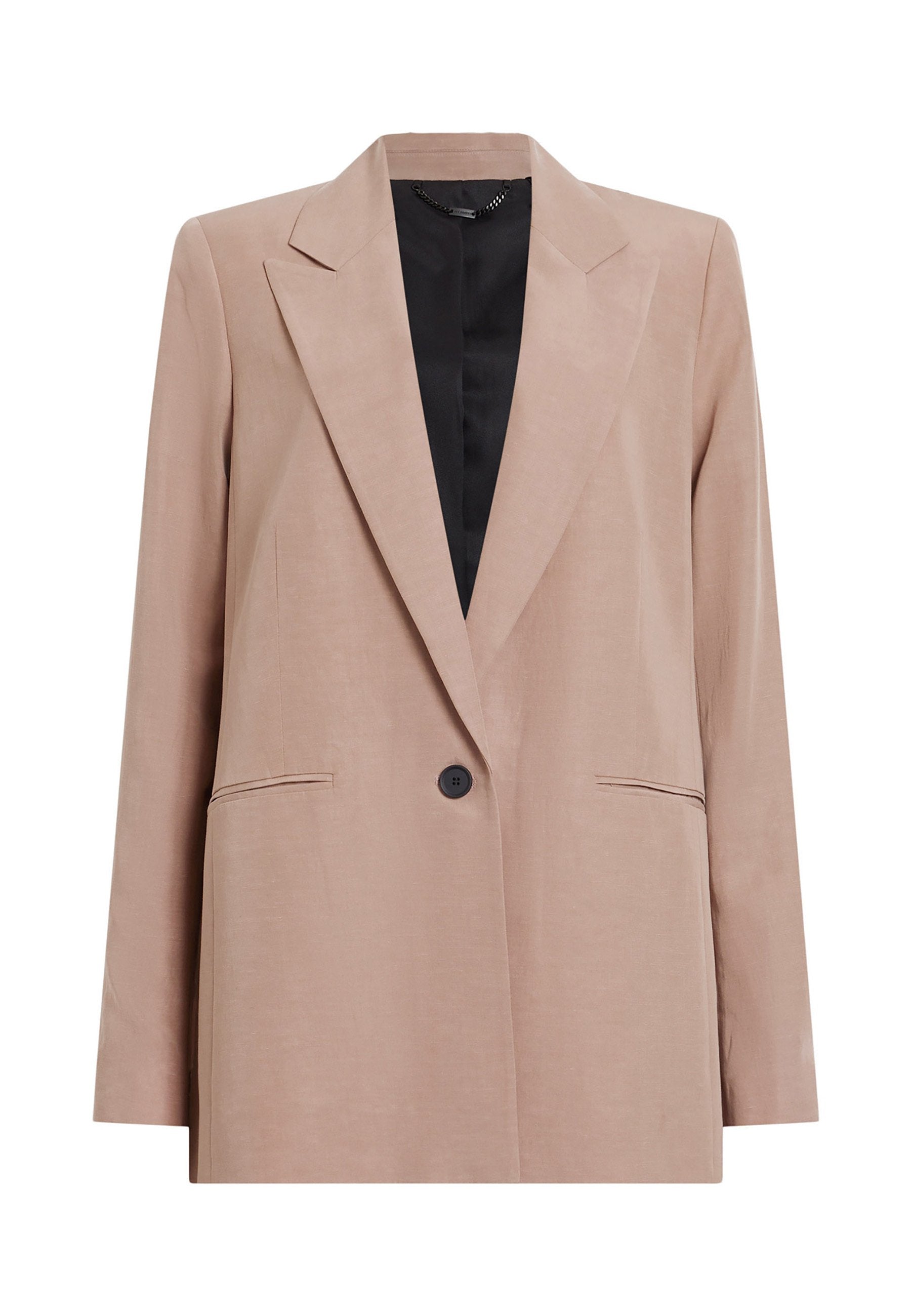 Helle taupe Blazer mit tailliertem Design, zwei Vorderseiten-Taschen, Ein-Knopf-Verschluss und schwarzem Futter. Glatter Stoff mit dezentem Glanz.