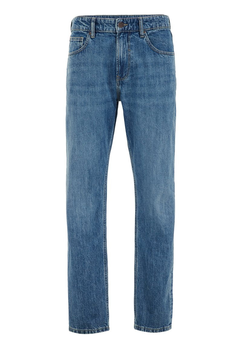 Blaue Jeans aus Denim mit geradem Bein, fünf Taschen sowie einem Knopf- und Reißverschluss. Klassischer, ausgewaschener Look mit Steppdetails.