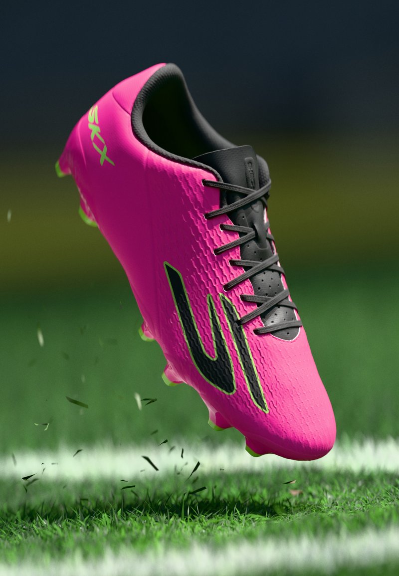 Helle pinke Fußballschuhe mit strukturiertem Obermaterial, schwarzen Akzenten und grünem Outsole. Mit Schnürsenkeln, gepolstertem Kragen und geformten Stollen.