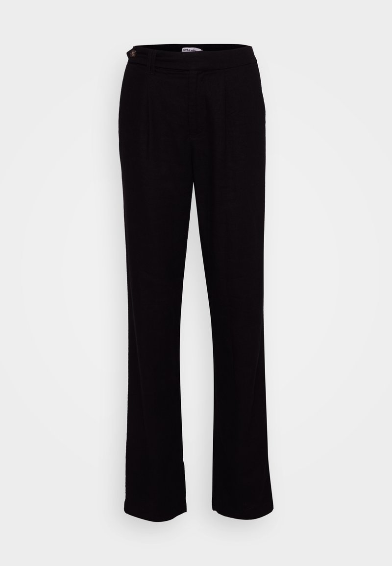 Schwarze gerade geschnittene Hose mit glatter Textur, eingeprägten Frontdetails und einem Knopfverschluss an der Taille. Keine sichtbaren Muster oder Akzente.