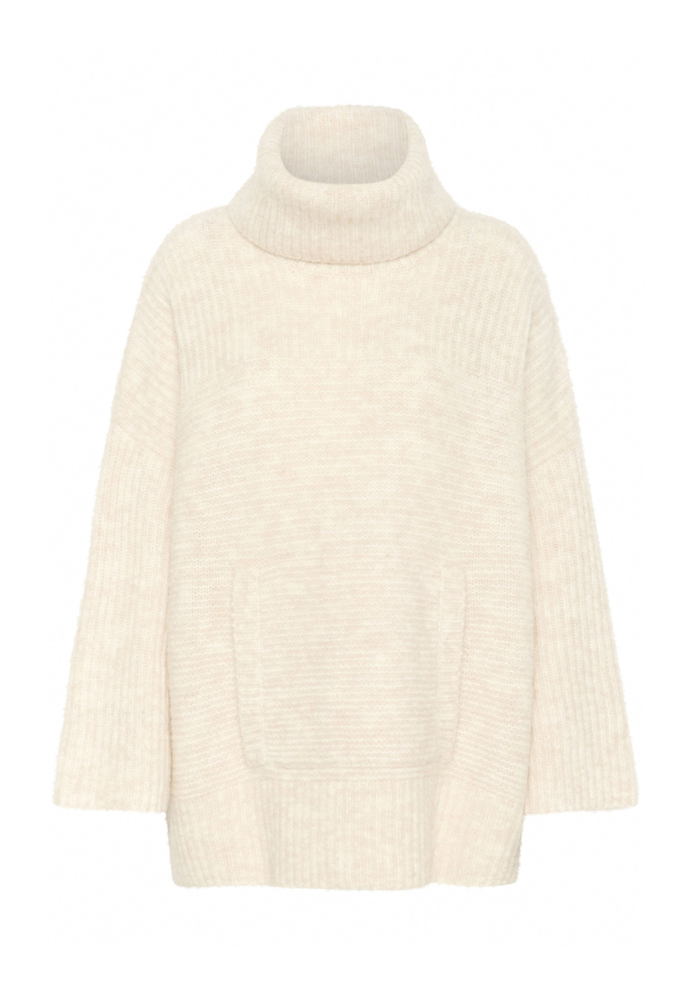 Cremfarbener Rollkragenpullover mit lockerer Passform, gerippter Textur, weit geschnittenen Ärmeln und einer Fronttasche. Weiches Material für Wärme.